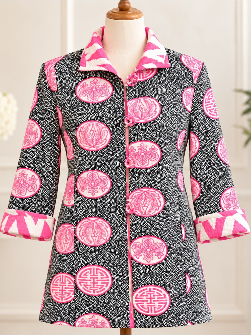 Patty Kim Quilted Jacket Coat Pink Black Medallion Print Ikat Lined Size S